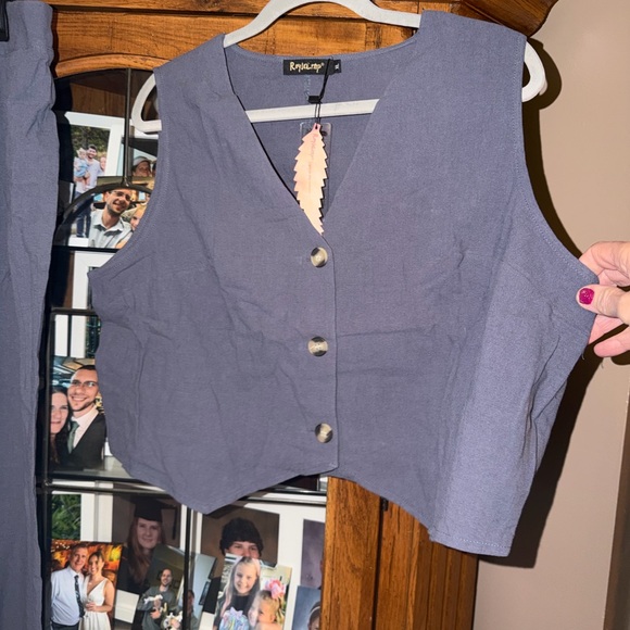 Essentials Slate Blue Two-Piece Pantsuit with Buttoned Vest - Picture 7 of 14